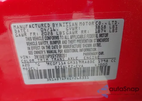 2016 Nissan Sentra z USA, uszkodzony, nr VIN 3N1AB7APXGY268351